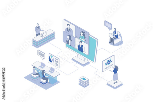 Business meeting isometric concept in outline isometry design for web. People connectingin by video work call, discussing tasks with boss, showing presentation and brainstorming. Vector illustration.
