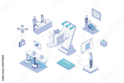 Discount of goods isometric concept in outline isometry design for web. People doing online shopping and getting gifts with store loyalty program, best offer prices in shop. Vector illustration.