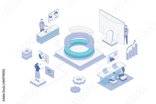 Data analysis isometric concept in outline isometry design for web. People studying diagram and chart, researching statistics for financial reports, analyzing graph dashboard. Vector illustration.