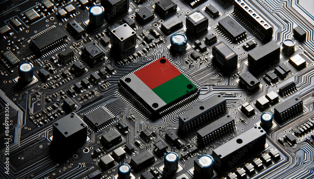 Close-up of a complex circuit board with a prominent microchip adorned with the Madagascar flag, highlighting Madagascar leadership in the global tech industry Close-up of a complex circuit board with a prominent microchip adorned with the Madagascar flag, highlighting Madagascar leadership in the global tech industry