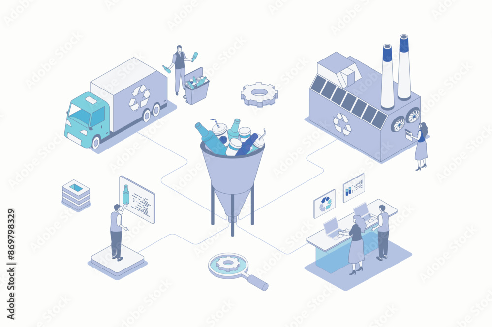Waste management isometric concept in outline isometry design for web. People collecting disposal garbage, reduce plastic using, separating garbage for recycling factory process. Vector illustration. Waste management isometric concept in outline isometry design for web. People collecting disposal garbage, reduce plastic using, separating garbage for recycling factory process. Vector illustration.