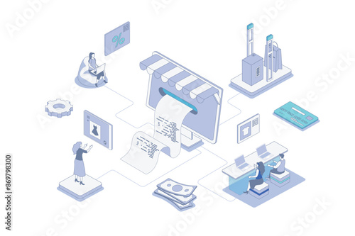 Online shopping isometric concept in outline isometry design for web. People making purchases, paying online with digital checkout bill, getting products with delivery service. Vector illustration.