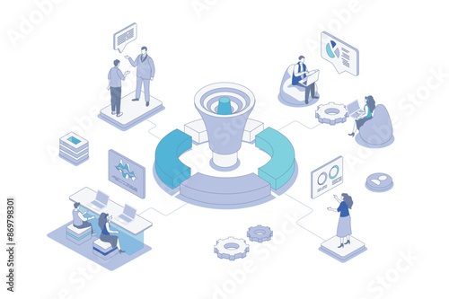Referral marketing isometric concept in outline isometry design for web. People communicating and recommending, attracting new customers with loyalty program advertisement tools. Vector illustration.