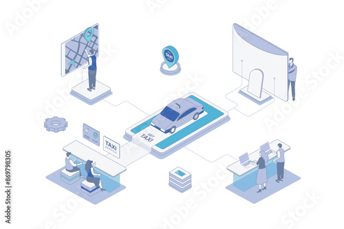 Taxi service isometric concept in outline isometry design for web. People ordering car online with mobile app or computer, passenger tracking route at digital map in application. Vector illustration.