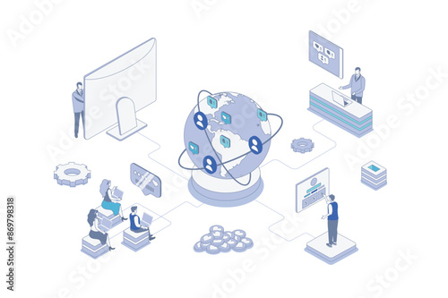 Social network isometric concept in outline isometry design for web. People communicating online with global friends, subscribing to blog profiles, likes, shares of new posts. Vector illustration.