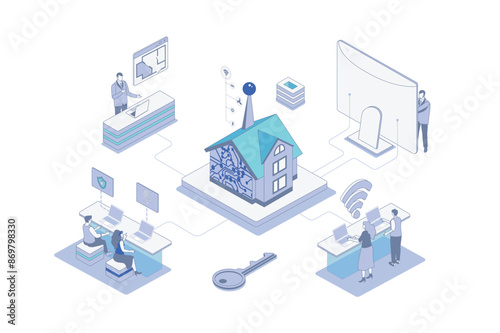 Smart home isometric concept in outline isometry design for web. People monitoring and controlling security systems, surveillance cameras, appliance and other sensors in house. Vector illustration.