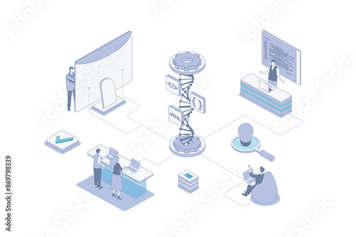 Web development isometric concept in outline isometry design for web. People prototyping website inner structure and coding, working on ui ux for mobile apps and pages layouts. Vector illustration.