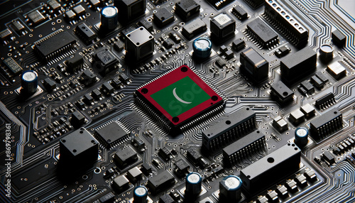 Close-up of a complex circuit board with a prominent microchip adorned with the Maldive flag, highlighting Maldive leadership in the global tech industry © Александр Бердюгин