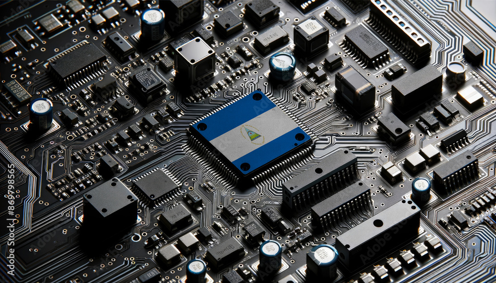 Close-up of a complex circuit board with a prominent microchip adorned with the Nicaragua flag, highlighting Nicaragua leadership in the global tech industry Close-up of a complex circuit board with a prominent microchip adorned with the Nicaragua flag, highlighting Nicaragua leadership in the global tech industry