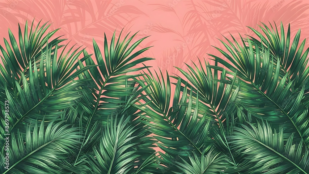 Green palm leaves on pink background