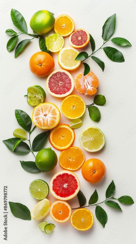 Assorted citrus fruits with fresh green leaves Assorted citrus fruits with fresh green leaves