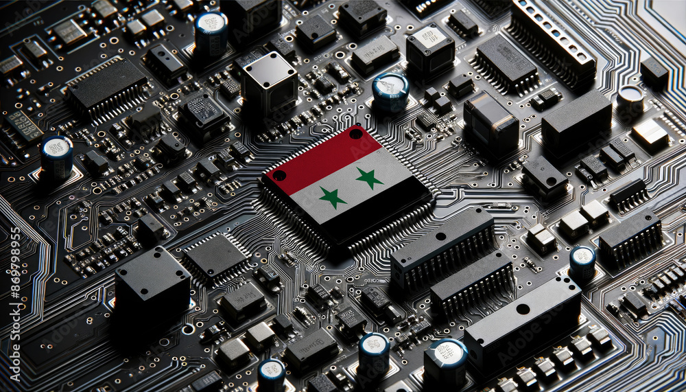 Close-up of a complex circuit board with a prominent microchip adorned with the Syria flag, highlighting Syria leadership in the global tech industry Close-up of a complex circuit board with a prominent microchip adorned with the Syria flag, highlighting Syria leadership in the global tech industry