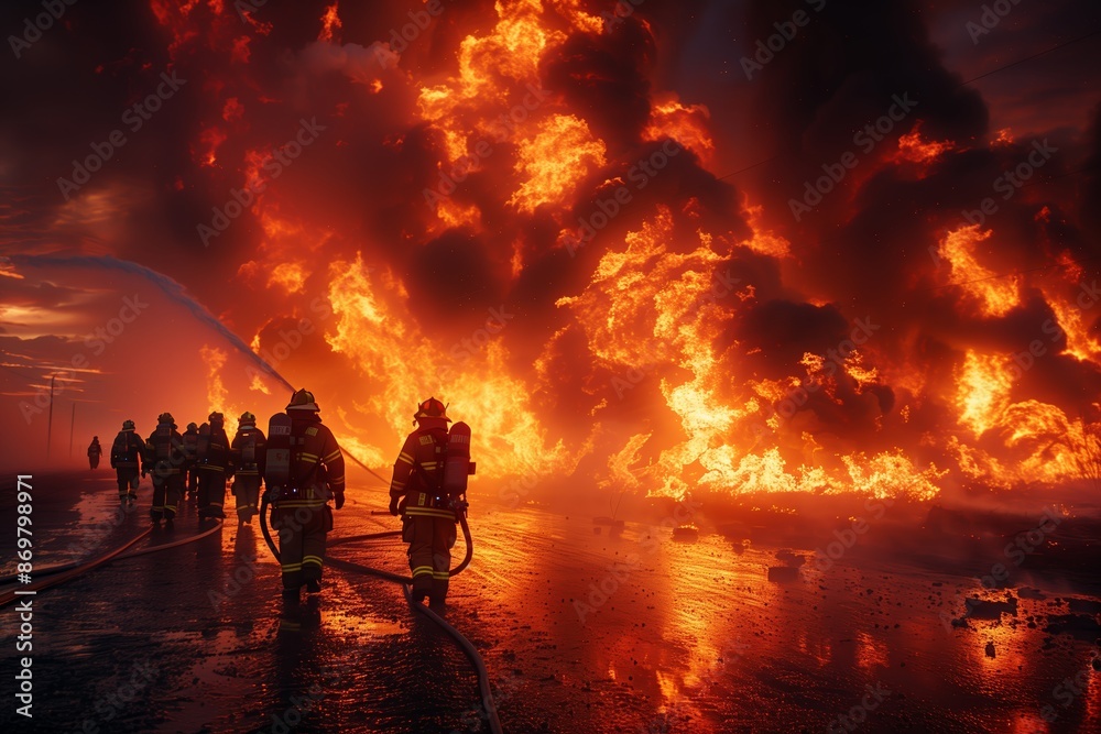 Fototapeta premium Firefighters Battling Large Blaze During Nighttime Operations