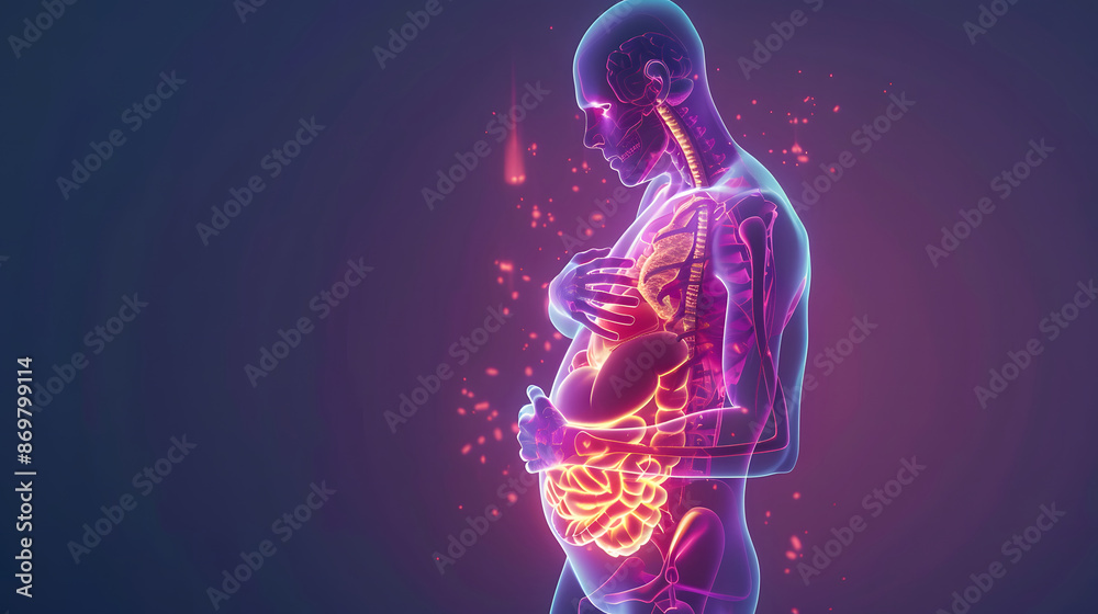 A 3D medical animation of a person experiencing abdominal pain design A 3D medical animation of a person experiencing abdominal pain design