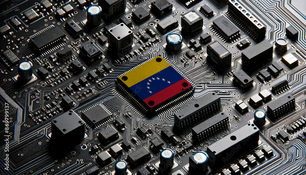 Close-up of a complex circuit board with a prominent microchip adorned with the Venezuela flag, highlighting Venezuela leadership in the global tech industry Close-up of a complex circuit board with a prominent microchip adorned with the Venezuela flag, highlighting Venezuela leadership in the global tech industry