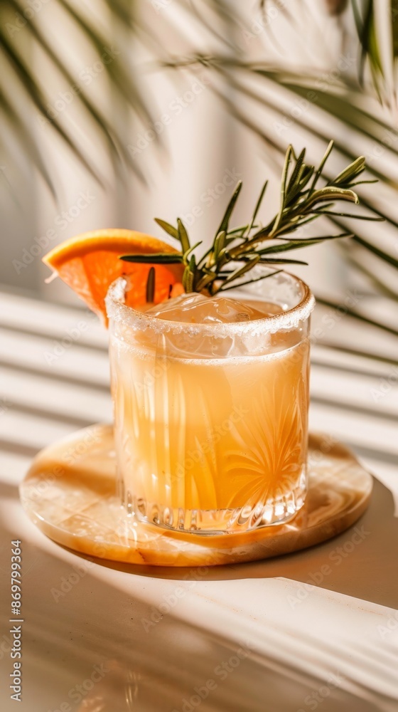 Cocktail in pink glass, with rosemary and grapefruit slice Cocktail in pink glass, with rosemary and grapefruit slice