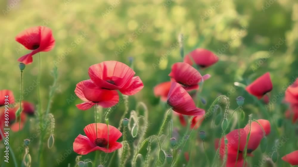 A close-up image of vibrant red poppies in full bloom under soft sunlight. The flowers stand tall among green foliage, creating a serene and natural atmosphere. Taken in the early morning. A close-up image of vibrant red poppies in full bloom under soft sunlight. The flowers stand tall among green foliage, creating a serene and natural atmosphere. Taken in the early morning.