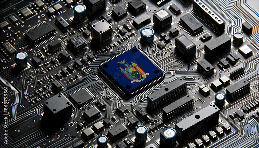 Close-up of a complex circuit board with a prominent microchip adorned with the New York flag, highlighting New York leadership in the global tech industry Close-up of a complex circuit board with a prominent microchip adorned with the New York flag, highlighting New York leadership in the global tech industry