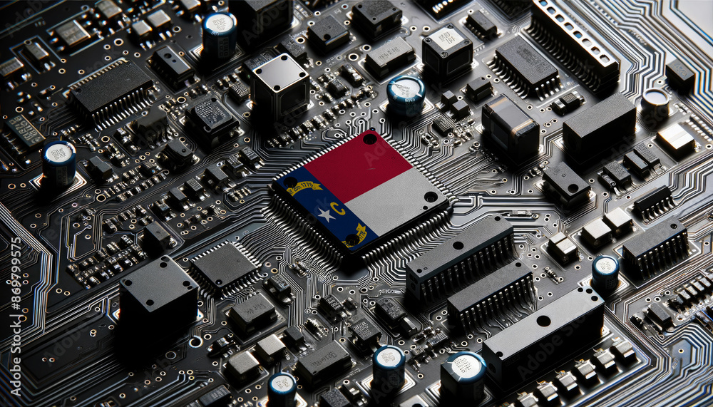 Close-up of a complex circuit board with a prominent microchip adorned with the North Carolina flag, highlighting North Carolina leadership in the global tech industry Close-up of a complex circuit board with a prominent microchip adorned with the North Carolina flag, highlighting North Carolina leadership in the global tech industry