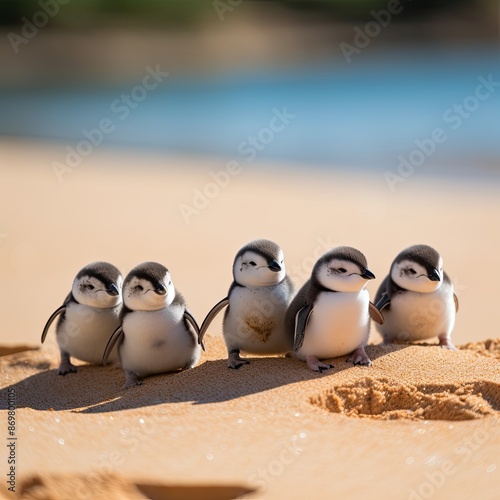 Funny penguins on a sandy beach against the backdrop of the sea, sky, sun. Ironic advertisement for summer vacation. photo