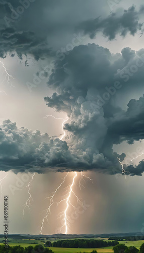 helle zuckende Blitze donnernd in dunklen tosenden Gewitter Wolken voll dichtem Regen Unwetter über Land ziehend Starkregen Umwelt Katastrophe Überschwemmung Blitzschlag photo