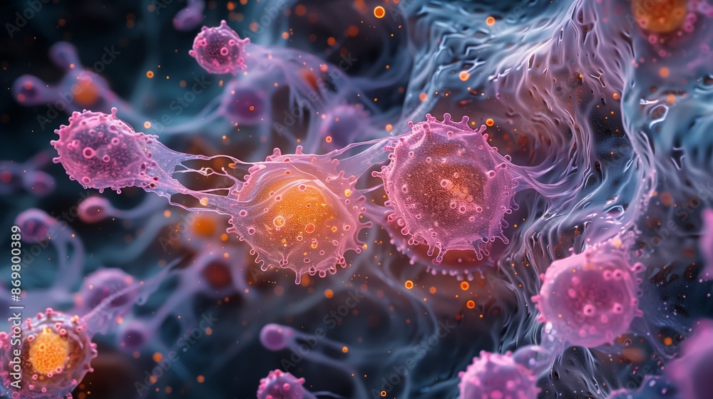 Microscopic View of Pink and Orange Cells in a Fluid Environment Microscopic View of Pink and Orange Cells in a Fluid Environment