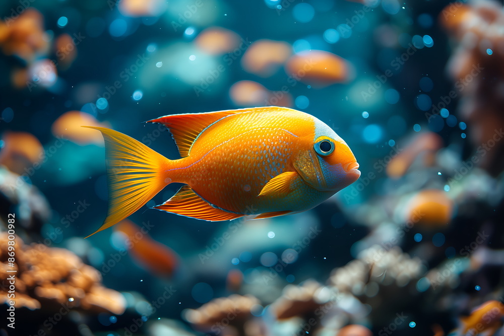 Exotic tropical bright orange fish swims in blue water. In blurred background colorful coral reefs and small fish. Concept of marine life Exotic tropical bright orange fish swims in blue water. In blurred background colorful coral reefs and small fish. Concept of marine life