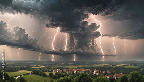 helle zuckende Blitze donnernd in dunklen tosenden Gewitter Wolken voll dichtem Regen Unwetter über Land ziehend Starkregen Umwelt Katastrophe Überschwemmung Blitzschlag