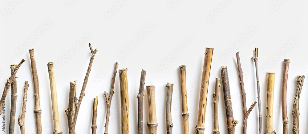 Dry bamboo sticks arranged on a white backdrop with copy space image.
