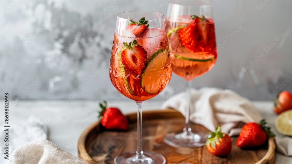 Two glasses of strawberry and lime spritz Two glasses of strawberry and lime spritz