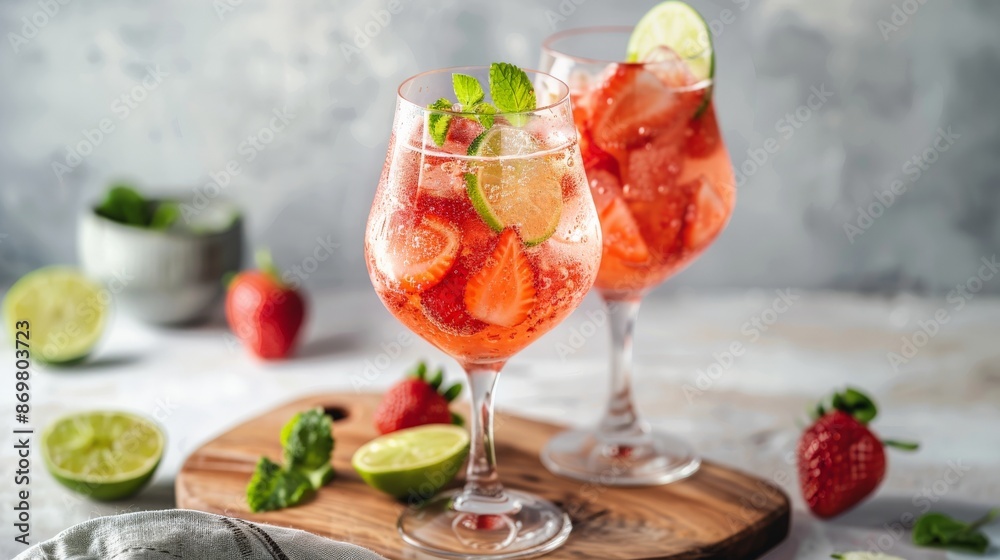 Two glasses of strawberry lime mocktails with fresh mint garnish Two glasses of strawberry lime mocktails with fresh mint garnish