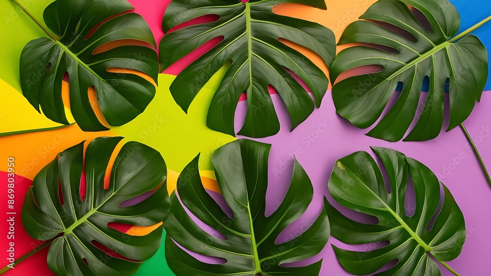 Naklejka premium Green fresh monstera leaves on color background flat lay