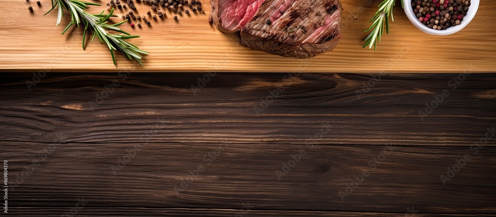Top-down view of tasty fried beef garnished with rosemary on a wooden table in a banner design featuring copy space image.