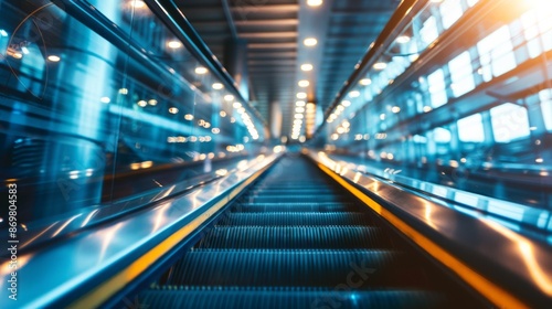 Empty escalator in modern building. A modern escalator with blue toned lighting and motion blur in a contemporary architectural space.