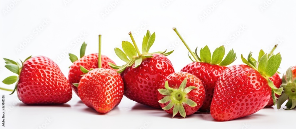 Fresh ripe strawberries portrayed on a clean white surface with ample copy space image for text or graphics. Fresh ripe strawberries portrayed on a clean white surface with ample copy space image for text or graphics.