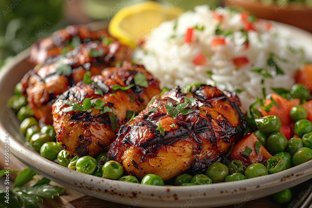 Caribbean Jerk Chicken - Spicy jerk chicken with rice and peas on a vibrant background Caribbean Jerk Chicken - Spicy jerk chicken with rice and peas on a vibrant background