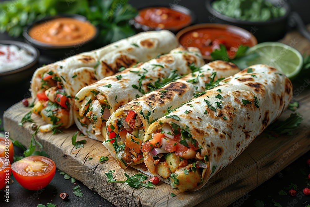 A Taste of the Middle East: Savory Shawarma Wraps with Fresh Fixings on Rustic Wood A Taste of the Middle East: Savory Shawarma Wraps with Fresh Fixings on Rustic Wood