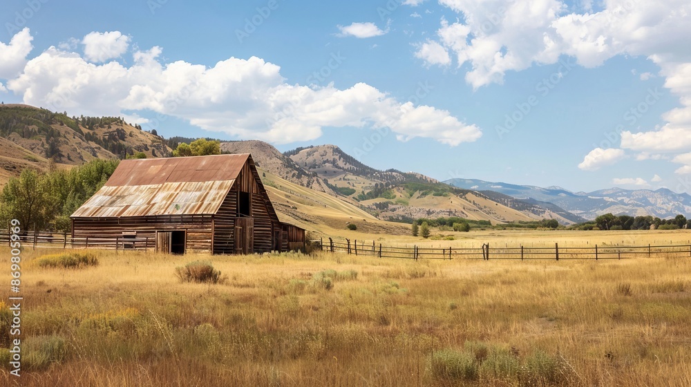 Rustic barn in golden field. An old wooden barn stands weathered in a golden field, with rolling hills and mountains in the distance under a blue sky. Rustic barn in golden field. An old wooden barn stands weathered in a golden field, with rolling hills and mountains in the distance under a blue sky.
