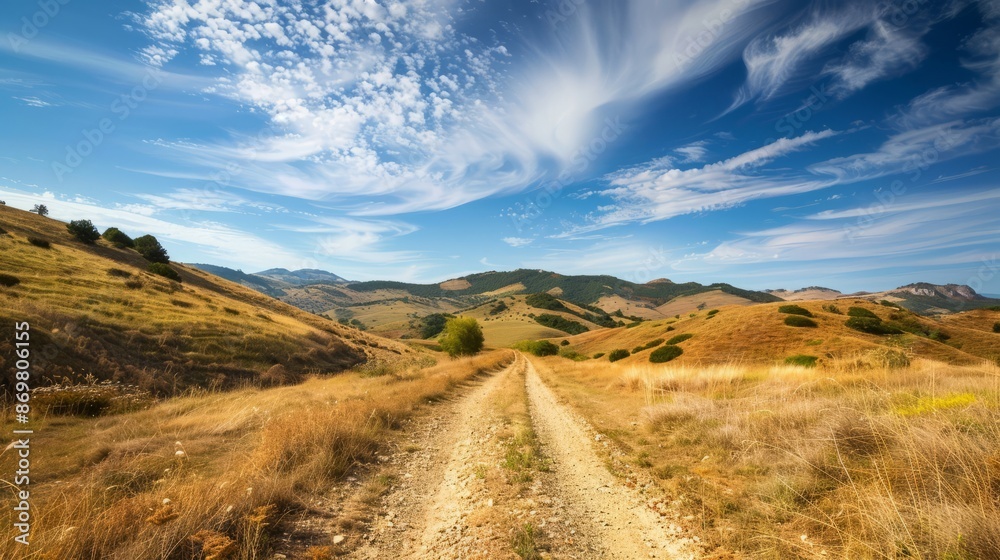 Fototapeta premium Winding dirt road through rolling hills. Scenic view of a winding dirt road leading through golden rolling hills under a bright blue sky with fluffy white clouds.