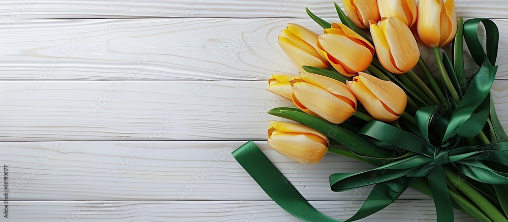 Spring-themed bouquet of yellow tulips with a green ribbon, displayed in a close-up portrait on a white wooden backdrop, creating a charming copy space image
