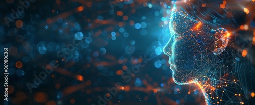 Digital Human Profile Constructed of Abstract Lines and Dots Against a Blue B...