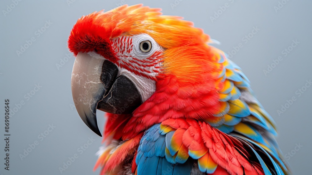 Fototapeta premium Horizontal AI illustration close-up of vibrant scarlet macaw parrot. Animals concept.