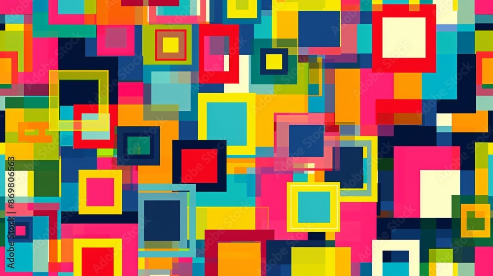 A digital pixel art-inspired pattern with square and rectangular shapes in a variety of bright, primary colors, creating a playful and nostalgic design A digital pixel art-inspired pattern with square and rectangular shapes in a variety of bright, primary colors, creating a playful and nostalgic design