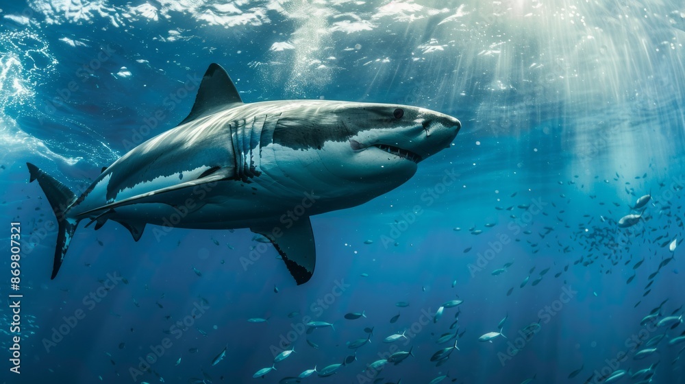 Fototapeta premium Majestic great white shark in sunlight beams. A great white shark swims gracefully through sunlit water, showcasing its power and beauty in the wild.