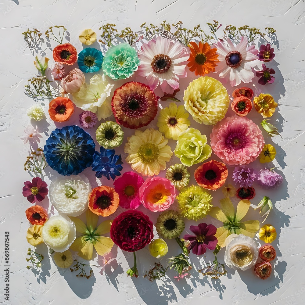 Flower pattern made of colorful flowers on white background flat lay top view Flower pattern made of colorful flowers on white background flat lay top view