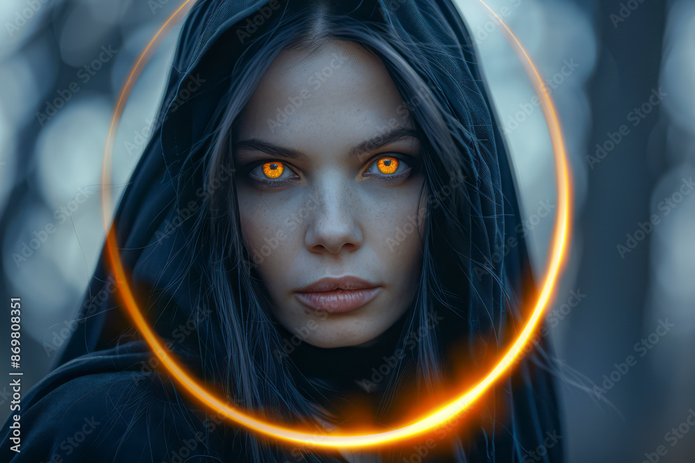 Mystical Woman Black Robed Figure with Navy Blue Hair and Orange Eyes in Solar Eclipse Setting