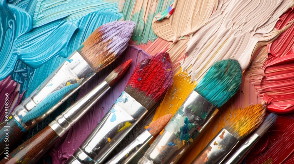 Obraz premium Closeup of colorful paints and well-used brushes, background softly blurred to highlight the organized chaos of a painter's workshop, full of potential and creativity