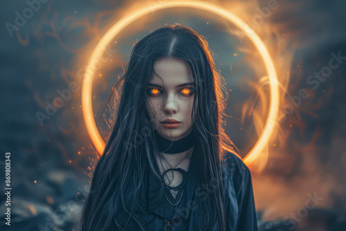 Mysterious Woman Black Robe Navy Hair Orange Eyes Eclipse Background photo