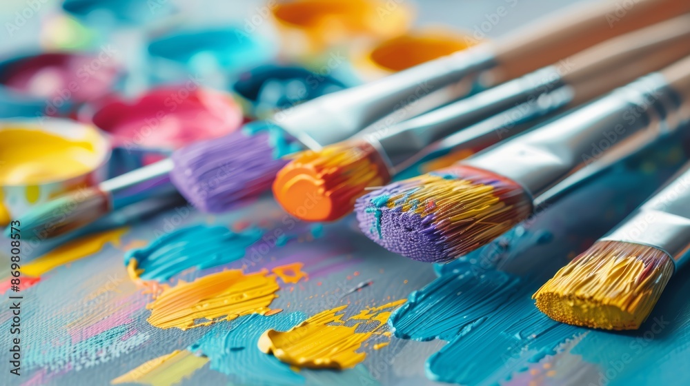 Closeup of vibrant paints and brushes on a cluttered artist's table, blurred background reveals the creative chaos of a painter's workshop, ready for artistic expression Closeup of vibrant paints and brushes on a cluttered artist's table, blurred background reveals the creative chaos of a painter's workshop, ready for artistic expression
