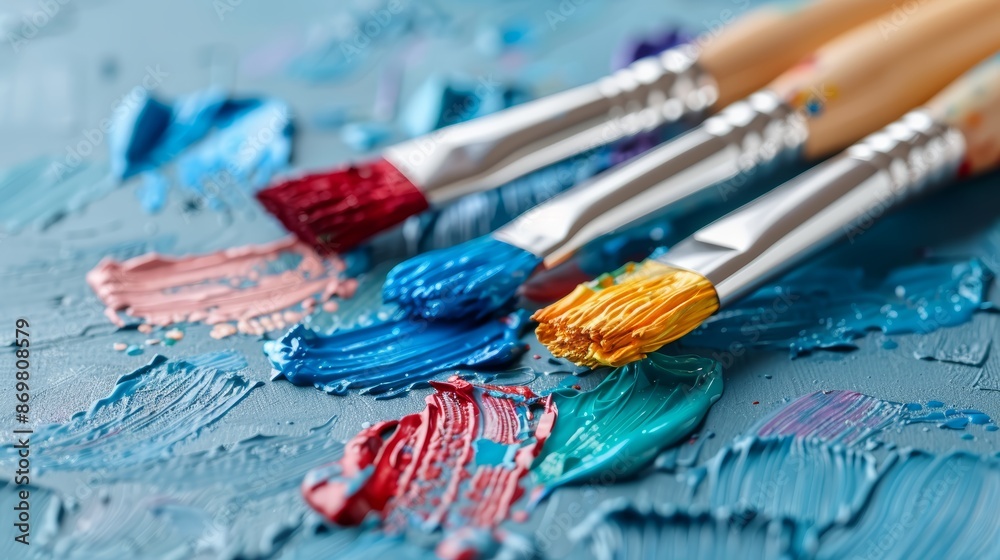Fototapeta premium Closeup of vibrant paints and brushes on a cluttered artist's table, blurred background reveals the creative chaos of a painter's workshop, ready for artistic expression